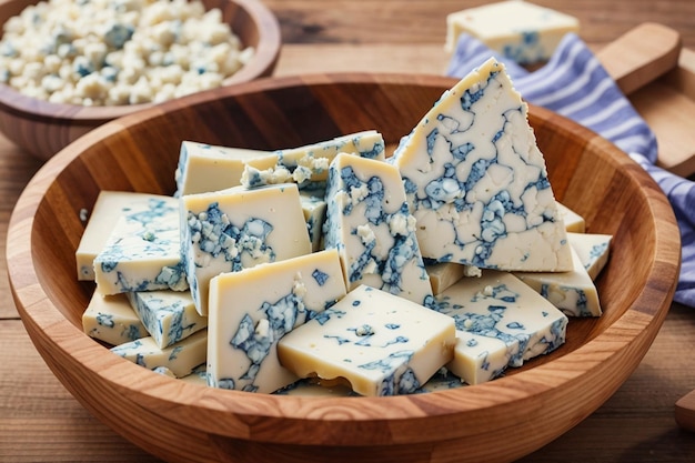 Photo closeup blue cheese slices in wooden bowl