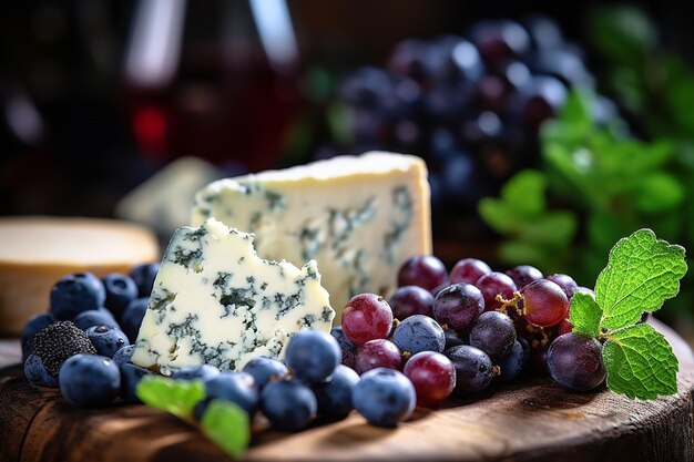 Photo closeup of blue cheese with fruit