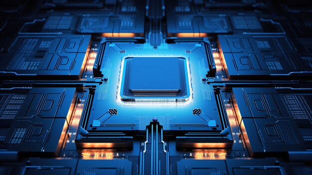 Foto un primo piano di una cpu blu con un bagliore bianco e arancione