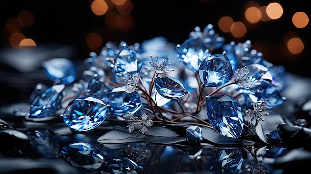 closeup blue diamond lies on a table in front of a mirror