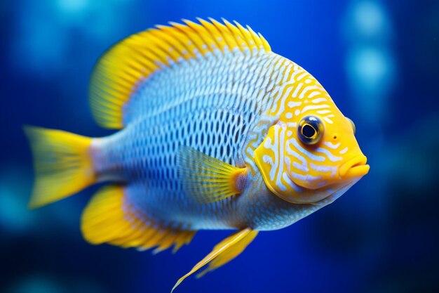 Foto close-up di un pesce blu con uno giallo in un acquario