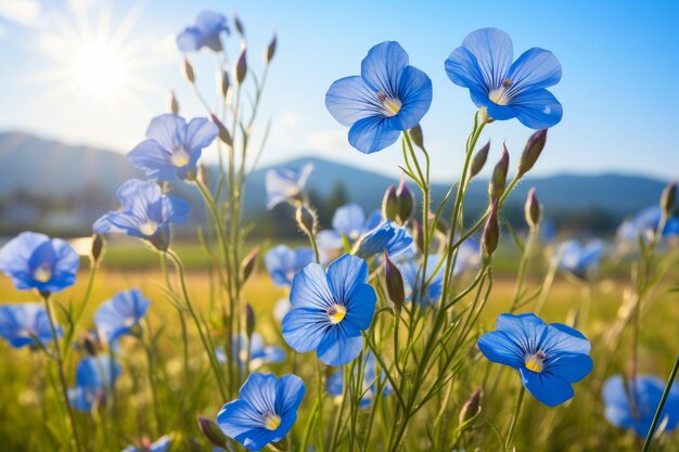 Closeup of blue flax flowers in a field