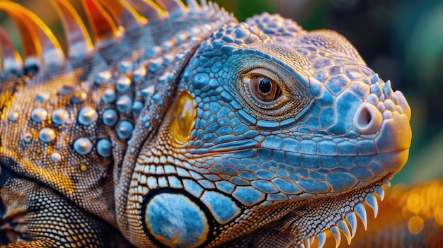 CloseUp of a Blue Iguana with Intricate Scales and Spikes