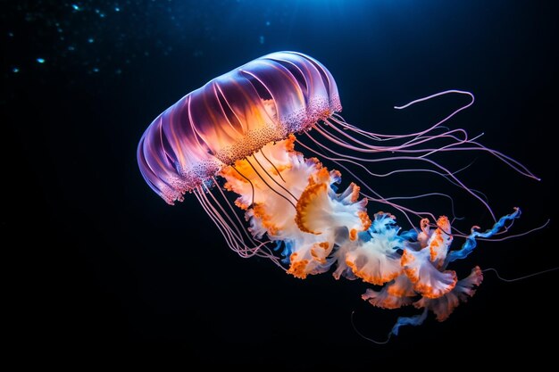 Closeup of a blue jellyfish in the water