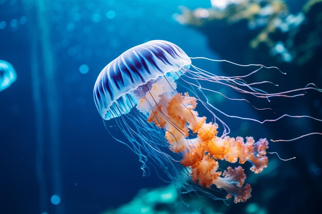 Closeup of a blue jellyfish in the water