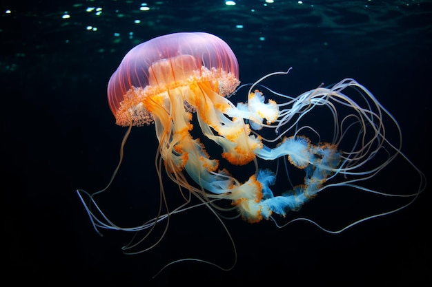 Closeup of a blue jellyfish in the water