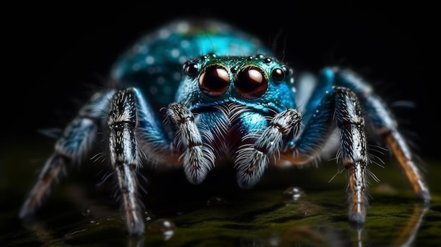 Closeup of a blue jumping spider on a black backgroundgenerative ai