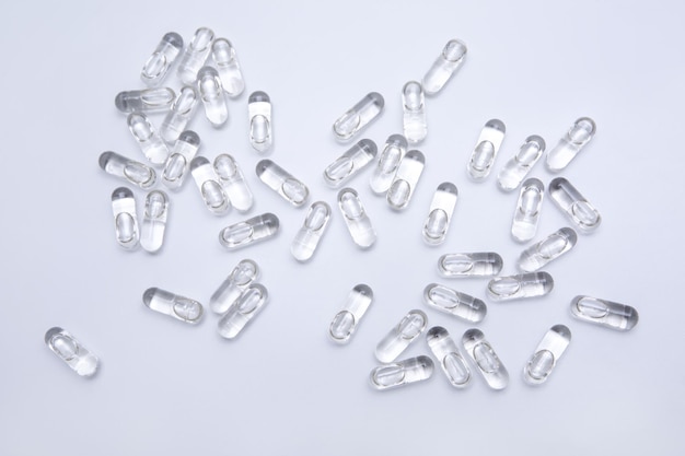 Closeup of blue medical capsules isolated