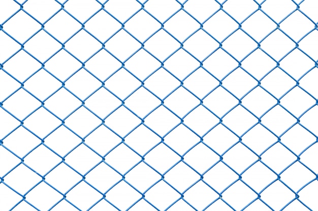 Closeup blue metal net at fence isolated on white background