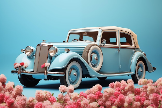 Photo closeup blue old car with flower on soft blue background with copy space