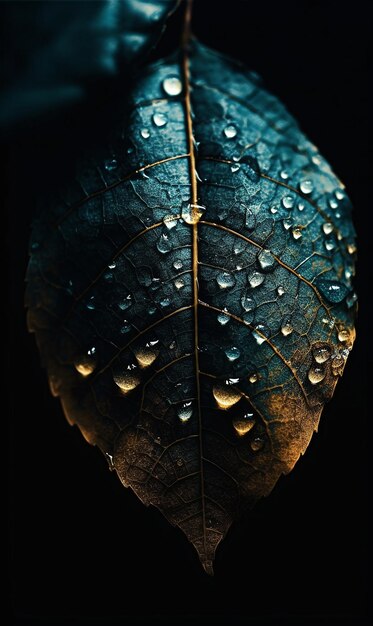 Closeup of a blue and orange leaf with water drops on it AI generated AI generative AI generativ