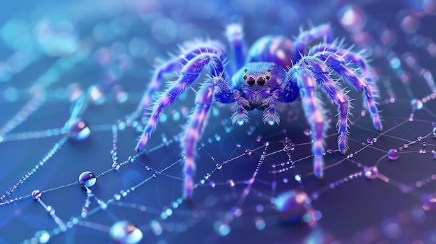 Photo a closeup of a blue and purple jumping spider on a web with water droplets the spider is in focus and the background is blurred