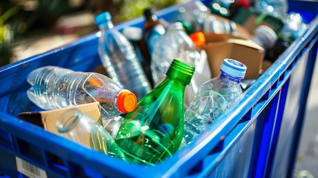 Closeup of a blue recycling bin filled with a variety of recyclable materials such as plastic