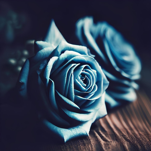 Photo closeup of blue rose on wooden background retro vintage decoration valentine's romantic gift