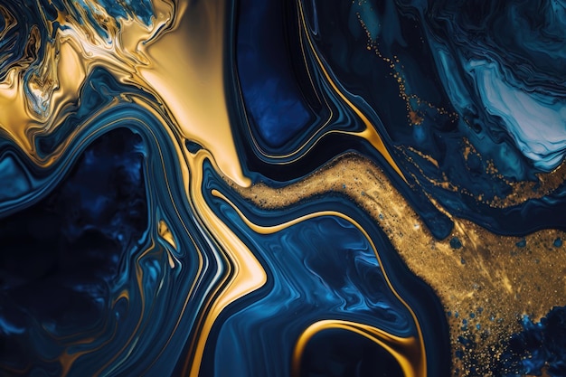 Closeup of blue and shiny gold spirit ink abstract texture fashionable wallpaper AI Generation