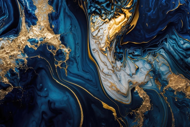 Closeup of blue and shiny gold spirit ink abstract texture fashionable wallpaper AI Generation