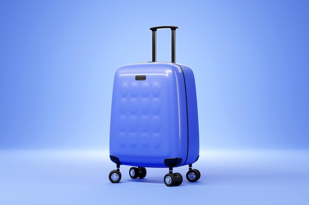 Closeup of a blue travel suitcase on wheels on a blue background 3d rendering