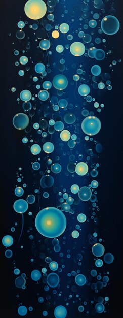 closeup blue yellow background bubbles sea floating spheres interconnections glowing hue teal drops