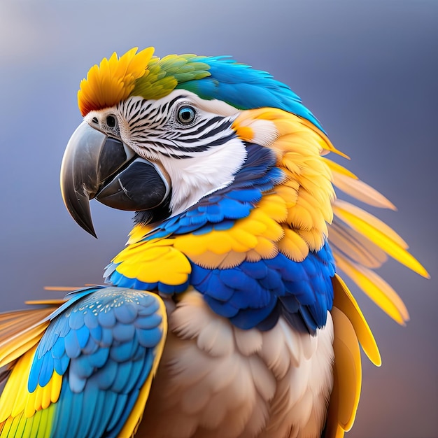 Closeup blue and yellow macaw parrot Beautiful bird parakeet Tropical feathers and plumage