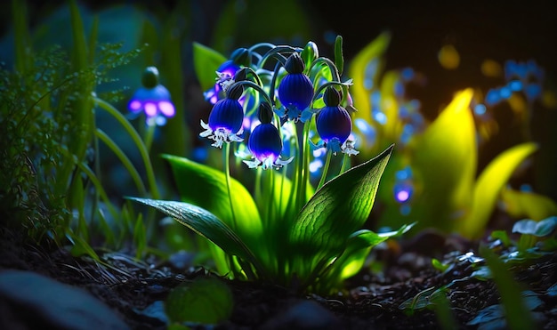 A closeup of a bluebell's delicate blue flowers surrounded by lush green leaves on a black backdrop
