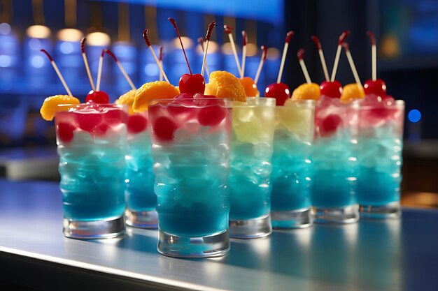 Photo closeup of bluecolored cocktails with fruit gar