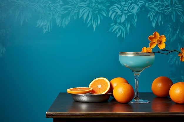 Closeup of bluecolored cocktails with fruit gar