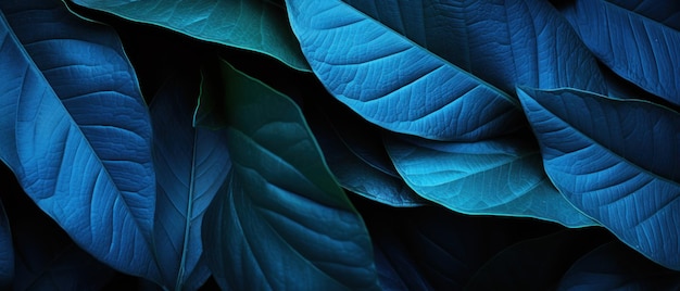 Closeup of bluehued tropical leaves showcasing their detailed textures and vibrant beauty AI Generative