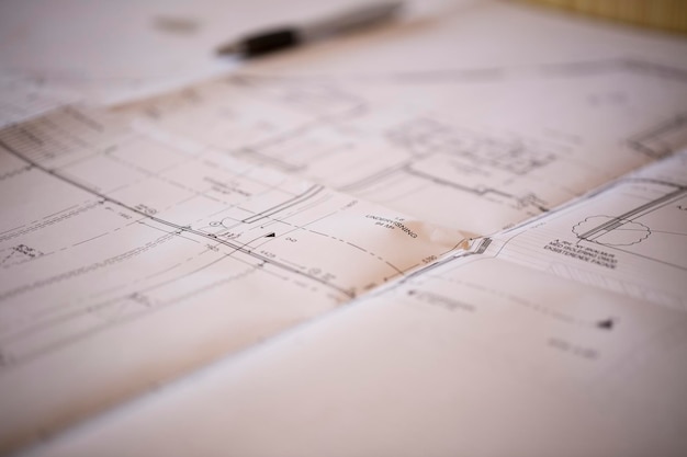Photo closeup of blueprints on a table