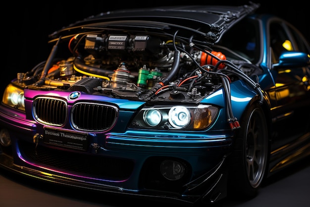 Foto closeup di un bmw e46 dettaglio focalizzato sul compartimento del motore