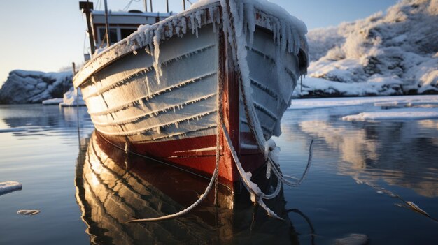 Closeup boat winter in the ice ocean