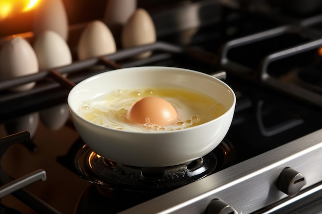 CloseUp of a Boiled Egg Resting on an Electric Stove and Saucepan