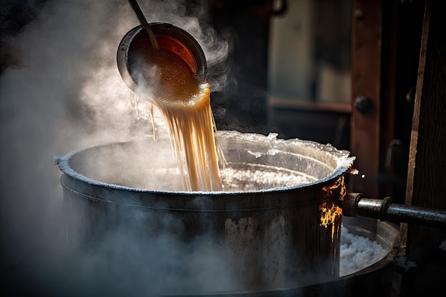 Closeup of the boiling maple sap and steam in evaporator created with generative ai