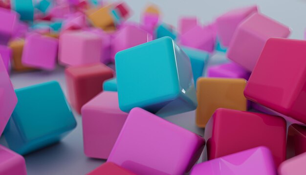 Closeup bokeh floating cubes background abstract colorful 3d\
render modern background