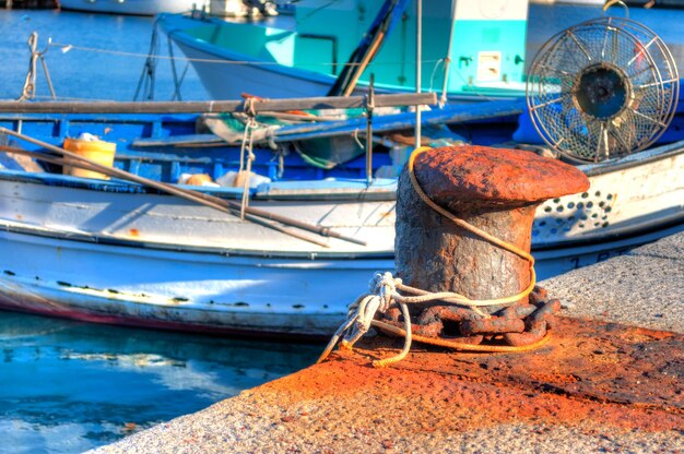 Closeup of bollard in the harbor