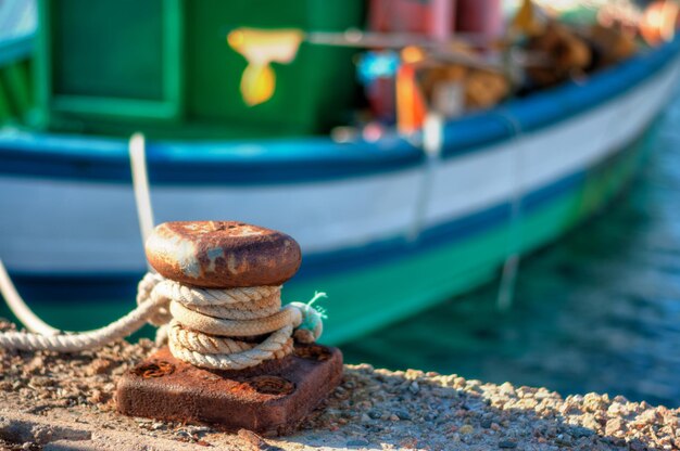 Closeup of bollard in the harbor