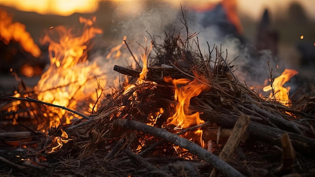 Photo closeup of bonfire in the field and camp in the style of hyperrealistic bird studies