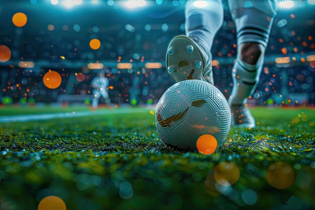 Closeup of boot kicking soccer ball in a large stadium at night Generative AI