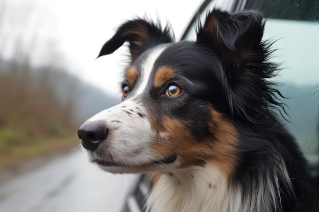 Closeup of a border collies eyes reflecting the road head out of a car window