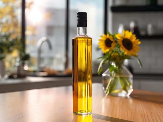 Closeup of a bottle of sunflower oil in a modern kitchen