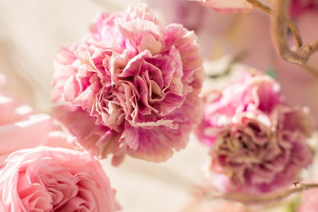 Closeup bouquet of fresh carnation and rose.