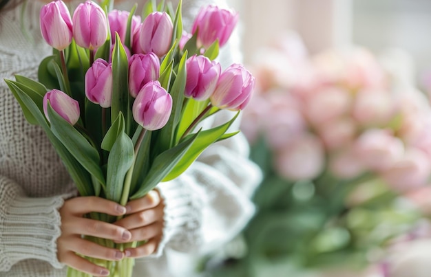 Букет фиолетовых тюльпанов в красивых женских руках на размытом фоне на солнце