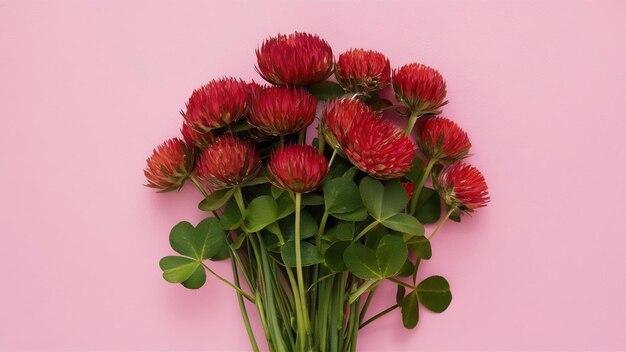 Closeup of a bouquet of red clovers isolated on a pink background with space for tex