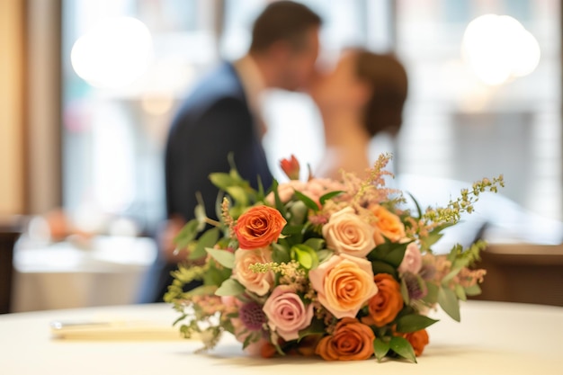 Foto close-up del bouquet su un tavolo e una coppia sfocata