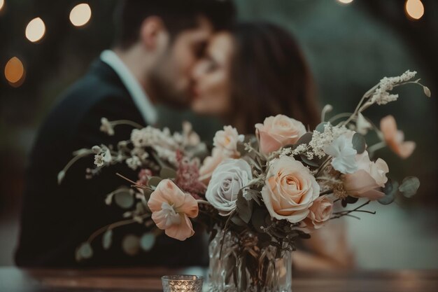 Photo closeup of the bouquet on a table and a blurry couple