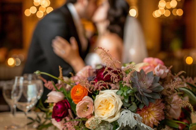 Closeup of the bouquet on a table and a blurry couple