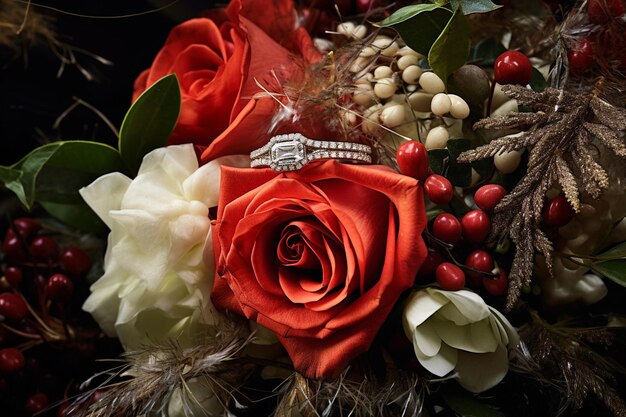 Photo closeup of the bouquet with the brides engagement ring in focus