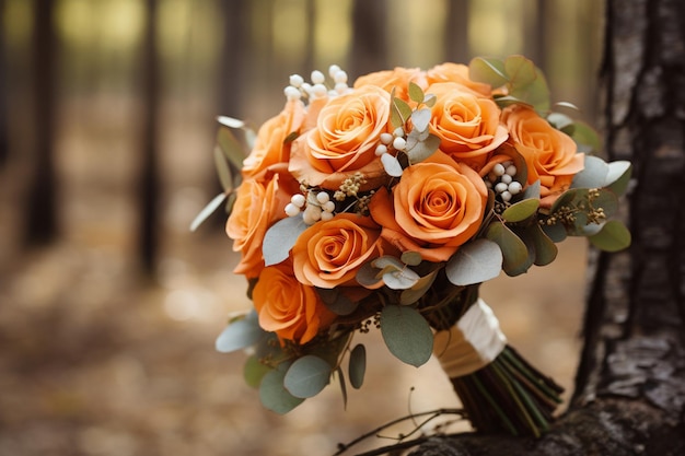 Closeup of the bouquet with the brides engagement ring in focus