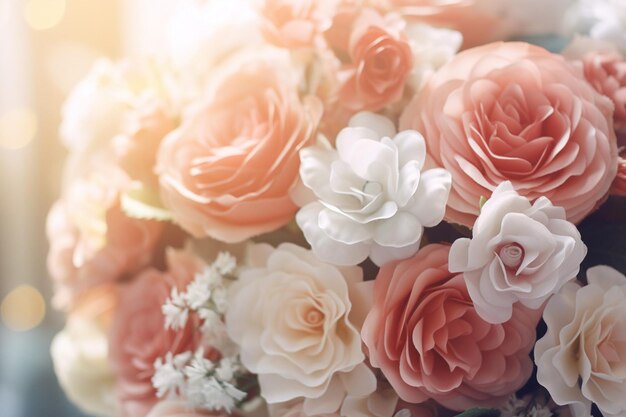 Closeup of the bouquet with the brides engagement ring in focus