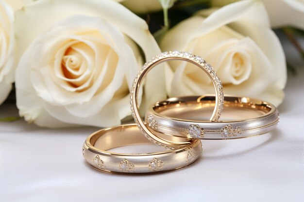 Closeup of the bouquet with the brides engagement ring in focus