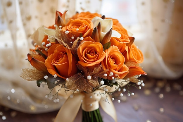 Closeup of the bouquet with the brides engagement ring in focus